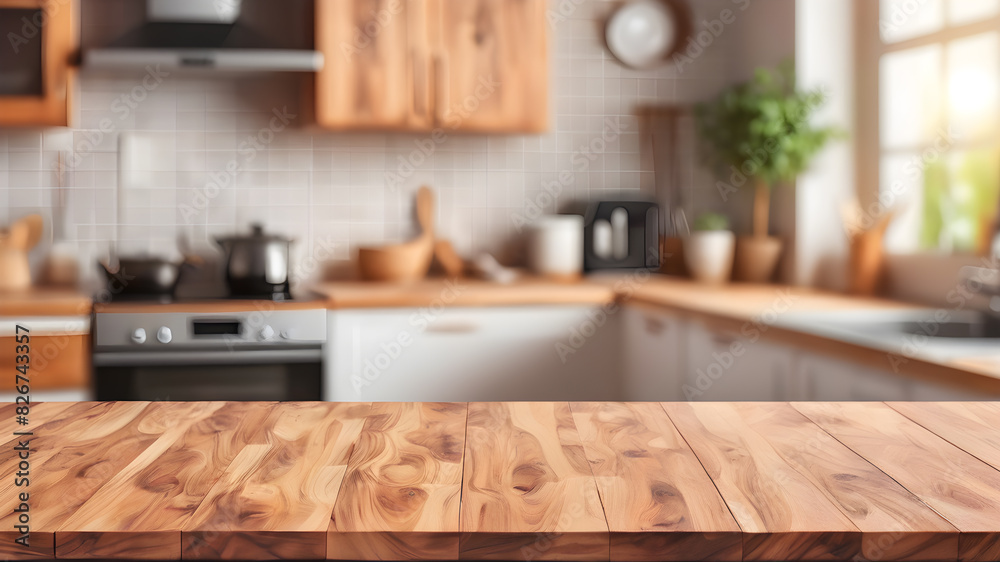 Wood table top on blurred kitchen background. can be used mock up for montage products display or design layout, Generative AI