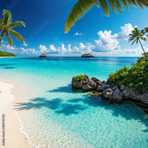 A Tranquil Tropical Beach With Crystal Clear Turquoise Waters Under A Bright Blue Sky With Palm Trees
