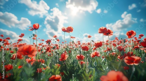 Natural beauty of a field of poppies under a bright blue sky