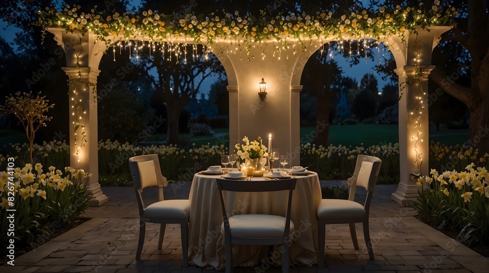 A romantic place for dinner, a romantic scene for dinner, a romantic garden, 3D Render, AI generation