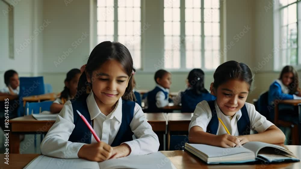 Cheerful diverse kids in school uniform talking sitting at tables ...