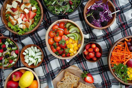 Top view of a picnic on a plaid blanket with a variety of sandwiches, fruit and colorful salads
