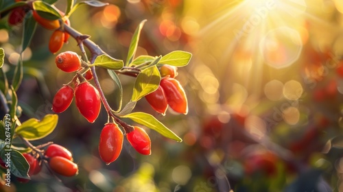 Radiant Red Goji Berries Illuminated by Sunlight on a Twig with a Blurred Nature Backdrop and Text Space photo
