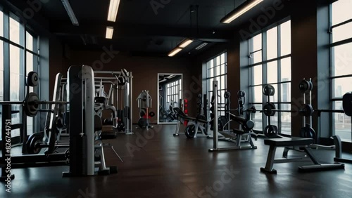 Fully equipped gym interior with bodybuilding machines. HD illustratr created with generative ai. photo