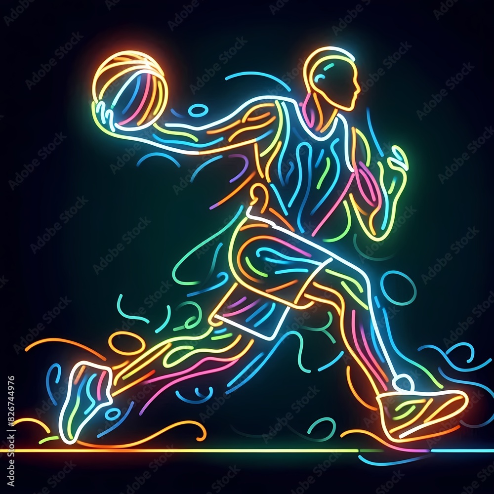 Fototapeta premium Neon Line Art of Basketball Player in Action