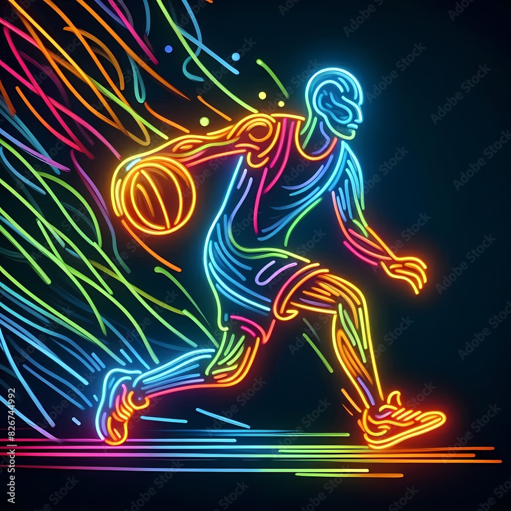 Neon Line Art of Basketball Player in Action Neon Line Art of Basketball Player in Action
