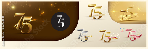 75th anniversary logotype modern gold number with shiny ribbon. alternative logo number Golden anniversary celebration