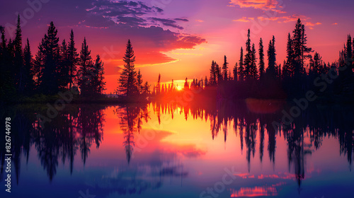 Serene Sunset Over Tranquil Lake Reflecting Vibrant Colors, Framed by Silhouetted Trees Evoking Peace and Natural Beauty