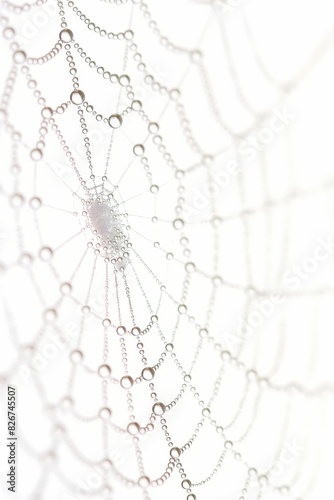 A spider web with many small beads of water on it