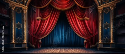 Red velvet curtain with gold frame. Cinema or theater stage background.