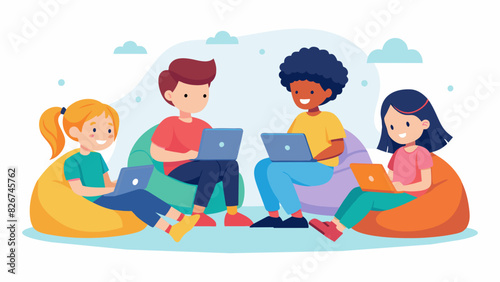 Sitting on beanbag chairs a group of children happily collaborate to create a short animation using a beginnerfriendly animation app taking turns. Vector illustration