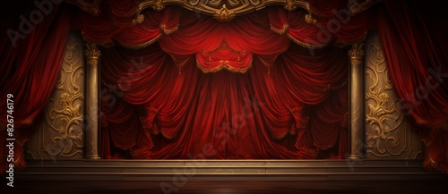 Red velvet curtain with gold frame. Cinema or theater stage background.