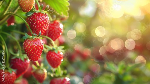 Close up Image of Strawberry Plant with Ripe Berries and Bokeh Garden Background with Copy Space