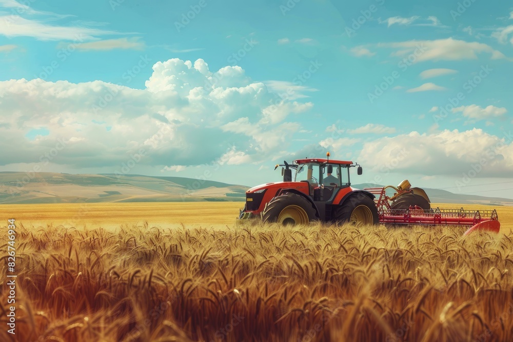 Fototapeta premium Red tractor preparing the soil in a vast, ripe wheat field under a blue sky