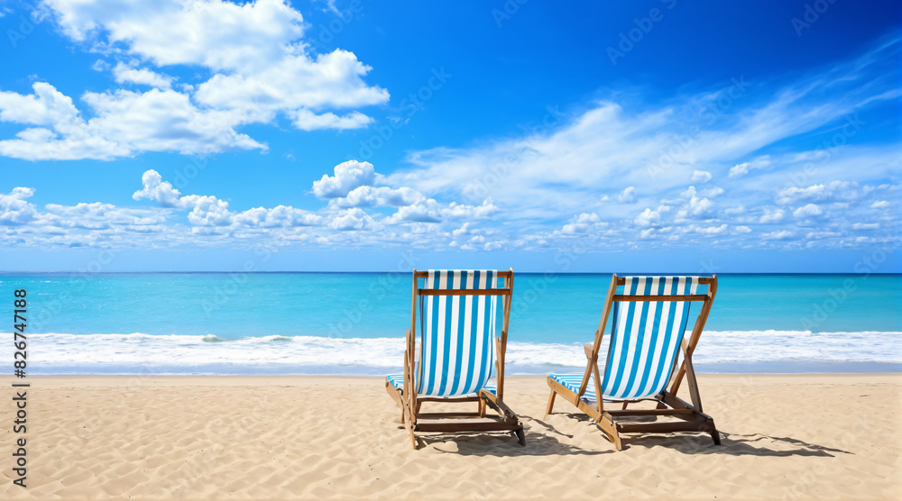 Beach chairs on the beach on the sandy beach against the clear blue sky and clouds
Beach chairs on the beach on the sandy beach against the clear blue sky and clouds