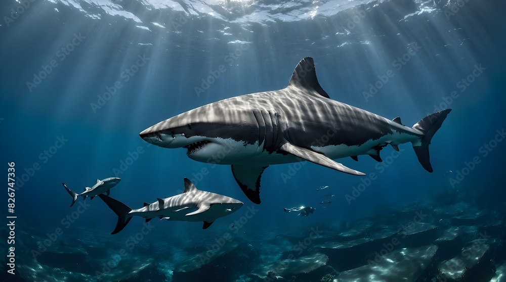 Naklejka premium Megalodon swimming next to a modern Great White Shark for comparison, deep ocean Generative AI