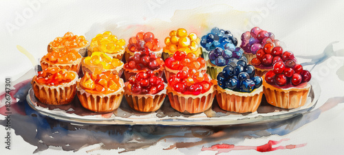 Assorted Summer Fruit Tarts Watercolor Illustration with Colorful Fillings on White Background photo