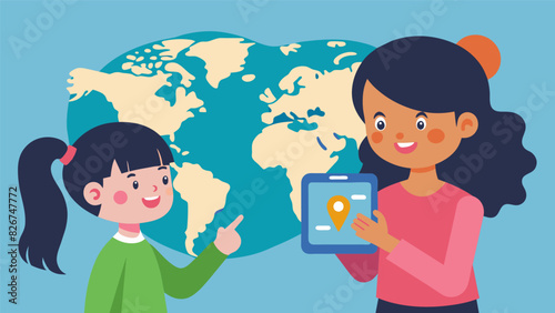 As her little sister watches a girl shows off her geography skills confidently tapping away on her tablet app to pinpoint different countries on a. Vector illustration