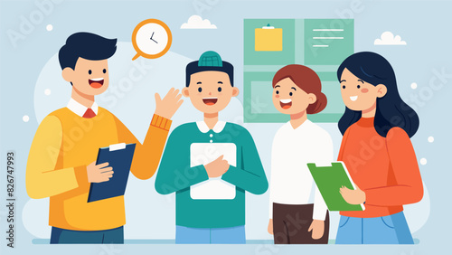One trainee practices introducing themselves in the local language while others listen and offer corrections and encouragement.. Vector illustration