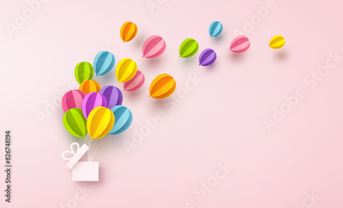Gift box with paper colorful balloons on pink background. Vector 3d flying ballons for Happy Mother's, Children's Day, birthday greeting card design