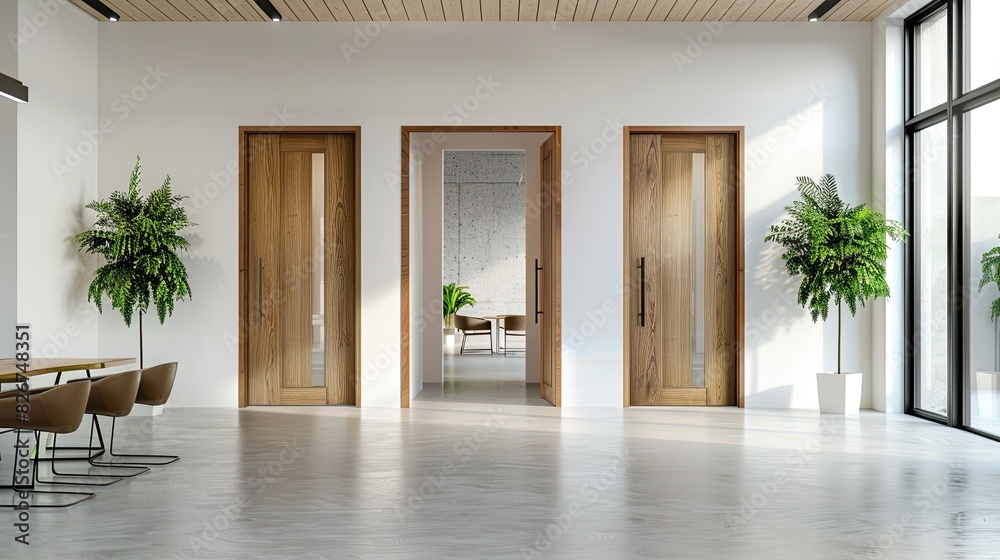Interior design of a conference room or office with wooden and white sliding doors, glass window on top of the door frame. Office space in the style of modern minimalism. Interior design of a conference room or office with wooden and white sliding doors, glass window on top of the door frame. Office space in the style of modern minimalism.
