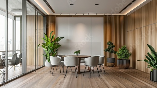 Interior design of a conference room or office with wooden and white sliding doors  glass window on top of the door frame. Office space in the style of modern minimalism.
