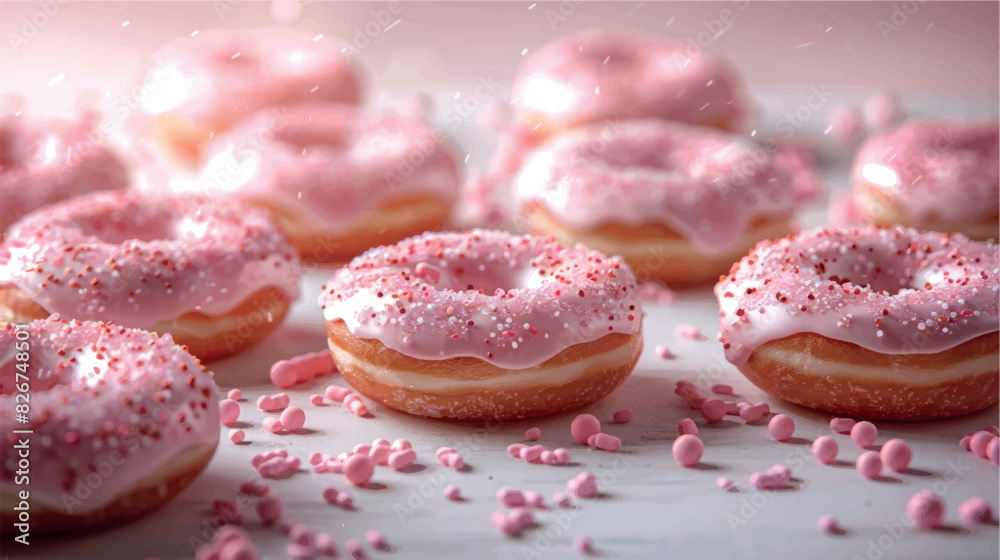 Pink donuts in dessert glaze. Composition of delicious sweet donuts in pink glaze. Baking donuts on a white background. Fresh bakery. Fried donuts. Pink donuts in dessert glaze. Composition of delicious sweet donuts in pink glaze. Baking donuts on a white background. Fresh bakery. Fried donuts.