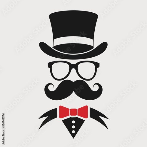 A man is wearing a top hat, mustache, glasses, and bow tie