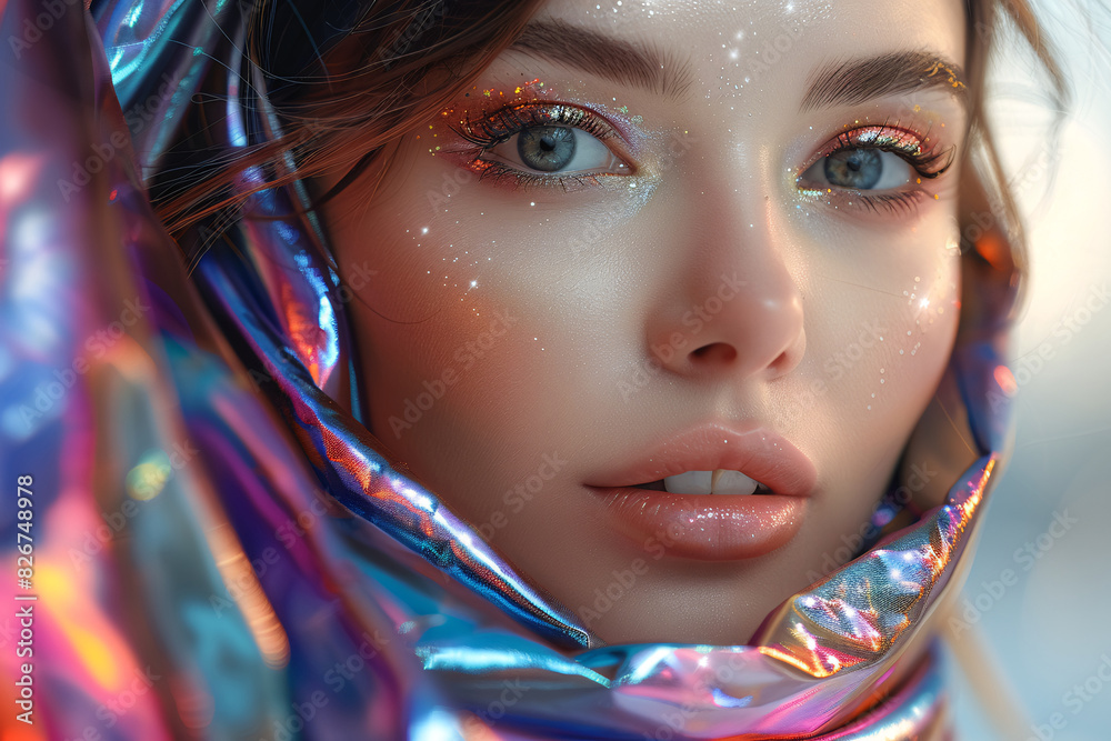 Close-Up Portrait of a Woman with Glitter Makeup and Holographic Fabric Close-Up Portrait of a Woman with Glitter Makeup and Holographic Fabric
