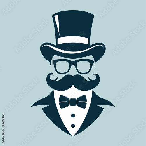 A man in top hat, mustache, glasses, and bow tie looks sophisticated