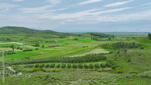 Fields over Apollonia Archaeological Park from a drone, Pojan, Albania photo