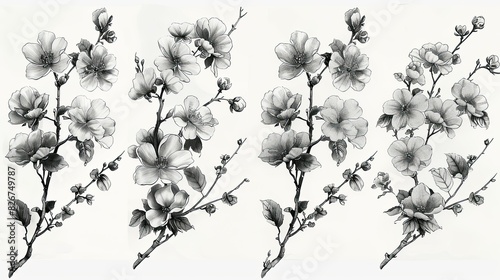 chinese ornaments in 4 rounds  decoration  hand drawing  dry ink on paper  rough line  simple  minimalist  black and white  blank white background
