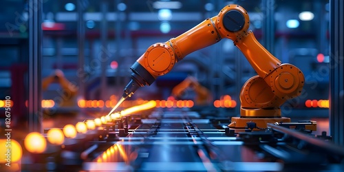 Modern factory utilizes robotic arm for efficient industrial production processes. Concept Manufacturing Efficiency, Robotics in Production, Industrial Automation, Modern Factory