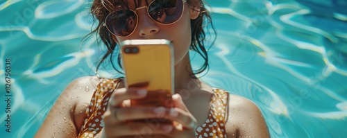 The images depict a young woman enjoying a sunny day by the pool. She is holding a smartphone, capturing the moment while relaxing.