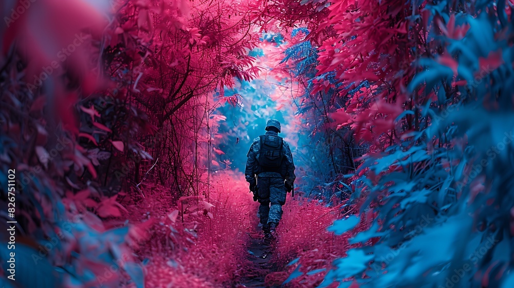 hunter tracking prey through a dense jungle photographed with infrared photography to reveal hidden trails