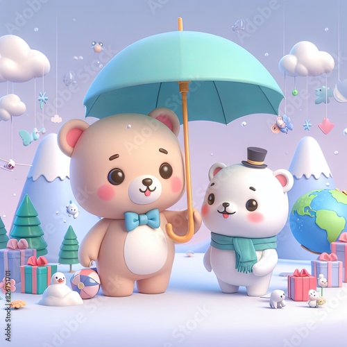 cute bear and polar bear holding umbrella cartoon, 3d Generative AI