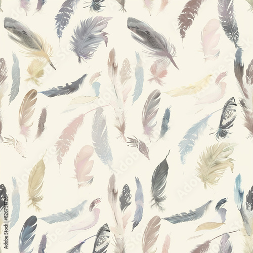 The image displays a pattern of delicately painted feathers scattered across a plain, light background. The feathers vary in color, exhibiting hues of beige, brown, black, gray, and pastel shades such