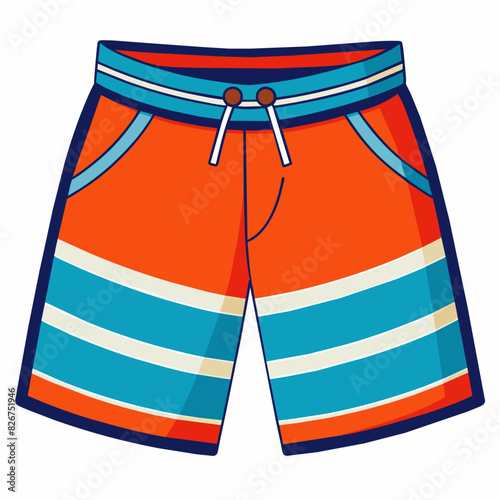 Orange and blue striped swim trunks on a white background