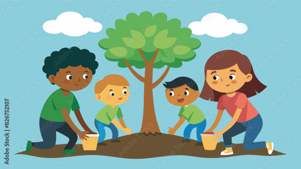 Naklejka premium Three children working together to plant a large tree their determined expressions showing their dedication to the task.. Vector illustration