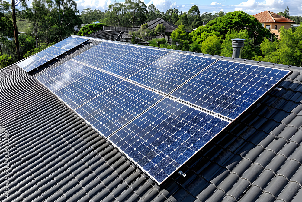 Solar panels installed on the roof rooftop of a residential modern house. The panels are arranged in rows and efficiently utilize available sunlight. Solar panels installed on the roof rooftop of a residential modern house. The panels are arranged in rows and efficiently utilize available sunlight.
