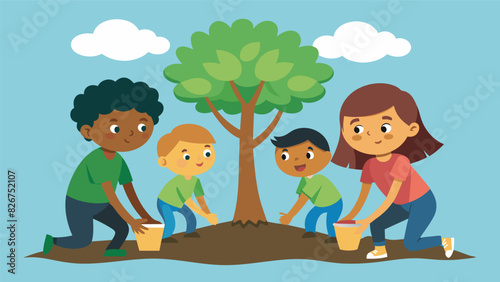 Three children working together to plant a large tree their determined expressions showing their dedication to the task.. Vector illustration