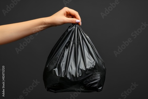 A hand is illustrated as it firmly grasps a black garbage bag amidst a somber environment photo