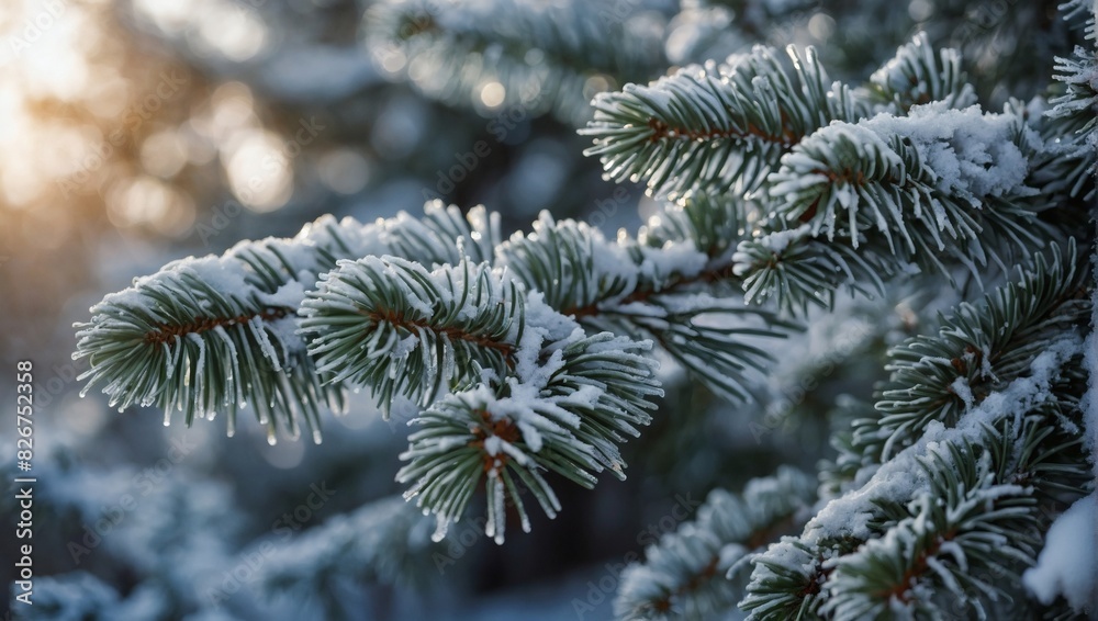Winter Wonderland, Fir Branches Adorned with Rime, Bokeh in Background Winter Wonderland, Fir Branches Adorned with Rime, Bokeh in Background