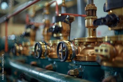 Detailed image of brass valves and steel pipes in an industrial setting