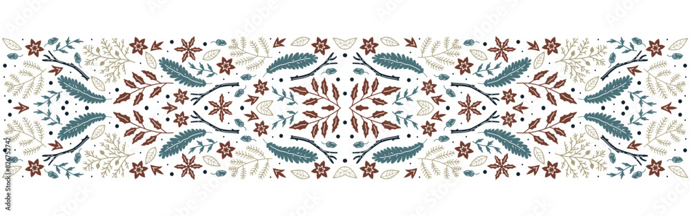 Obraz premium Merry Christmas and Happy New Year luxury festive design with border. Line art style. Winter background with floral ornament. Xmas decoration. Vector illustration