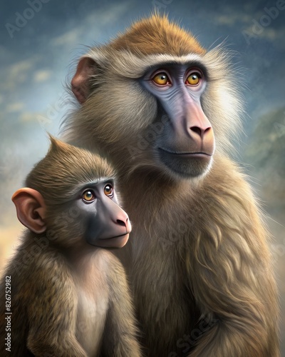 Two Monkeys Gazing Intently with Curious Expressions