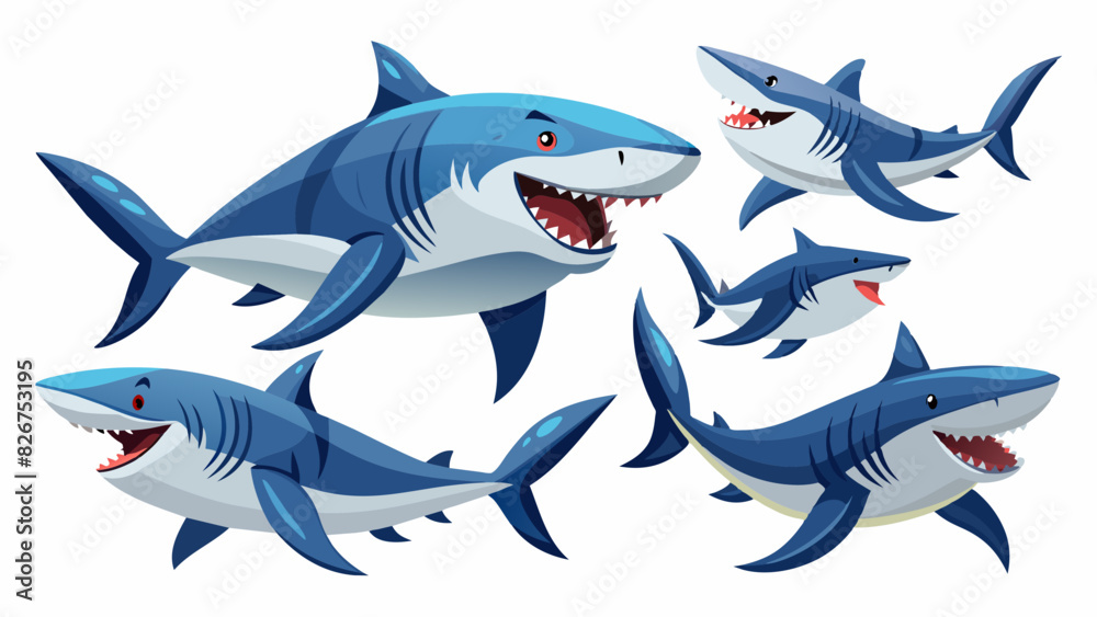 Fototapeta premium Shark Vector Set, In Different Poses, Collection Of Shark , Water Animal Vector 