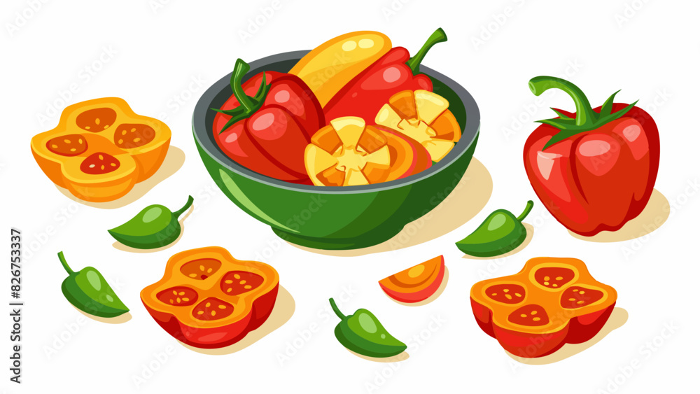 Red Pepper Vector Set, In Different Angled Views, Separated And In Bowl 