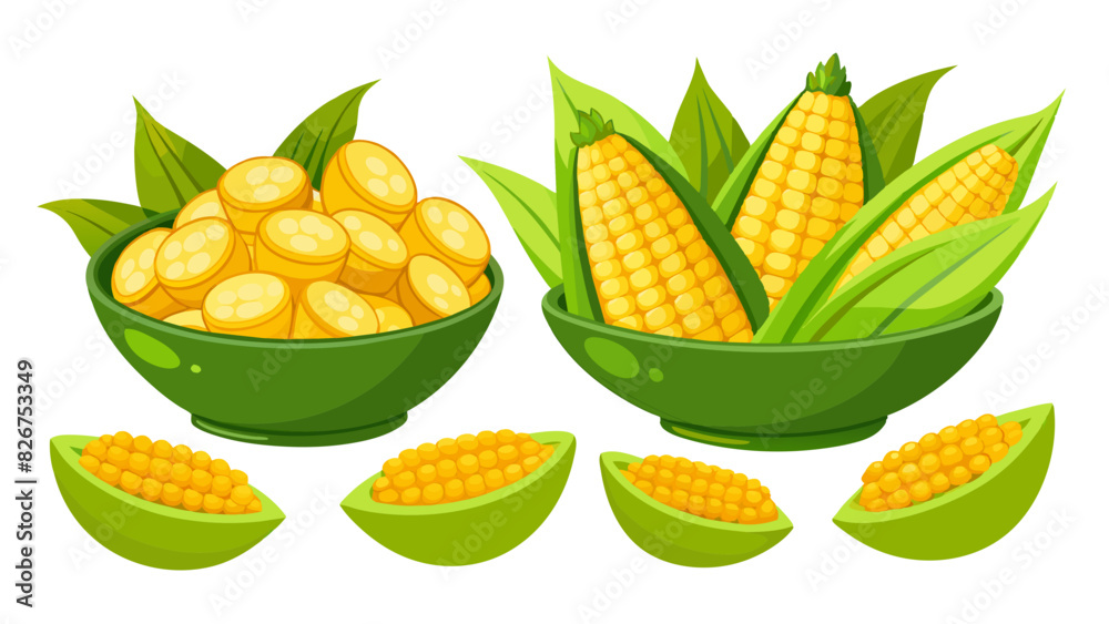 Corn Vector Set, In Different Angled Views, Separated And In Bowl Corn Vector Set, In Different Angled Views, Separated And In Bowl