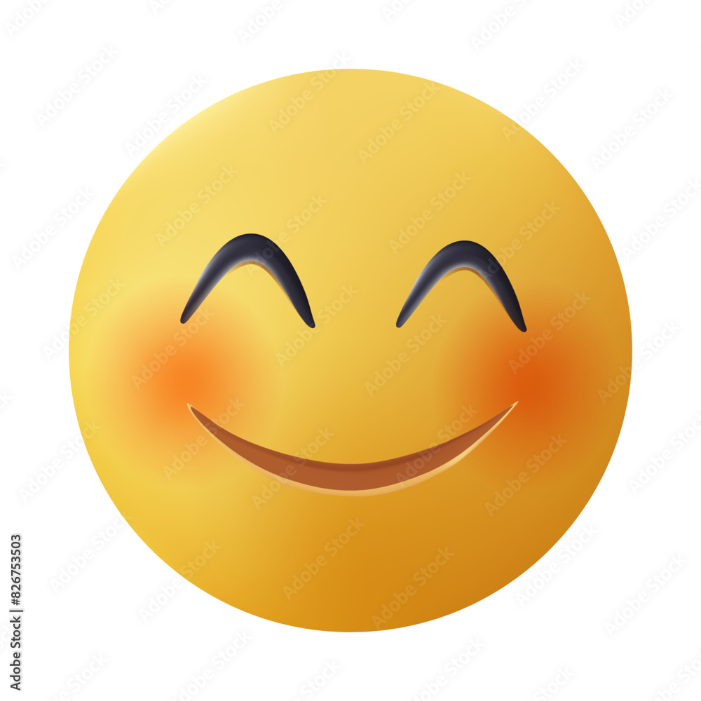 Smiling emoticon with happy eyes and rosy cheeks 3D illustration. Shy emoji. Bashful yellow face with glossy eyes, flushed cheeks Smiling emoticon with happy eyes and rosy cheeks 3D illustration. Shy emoji. Bashful yellow face with glossy eyes, flushed cheeks